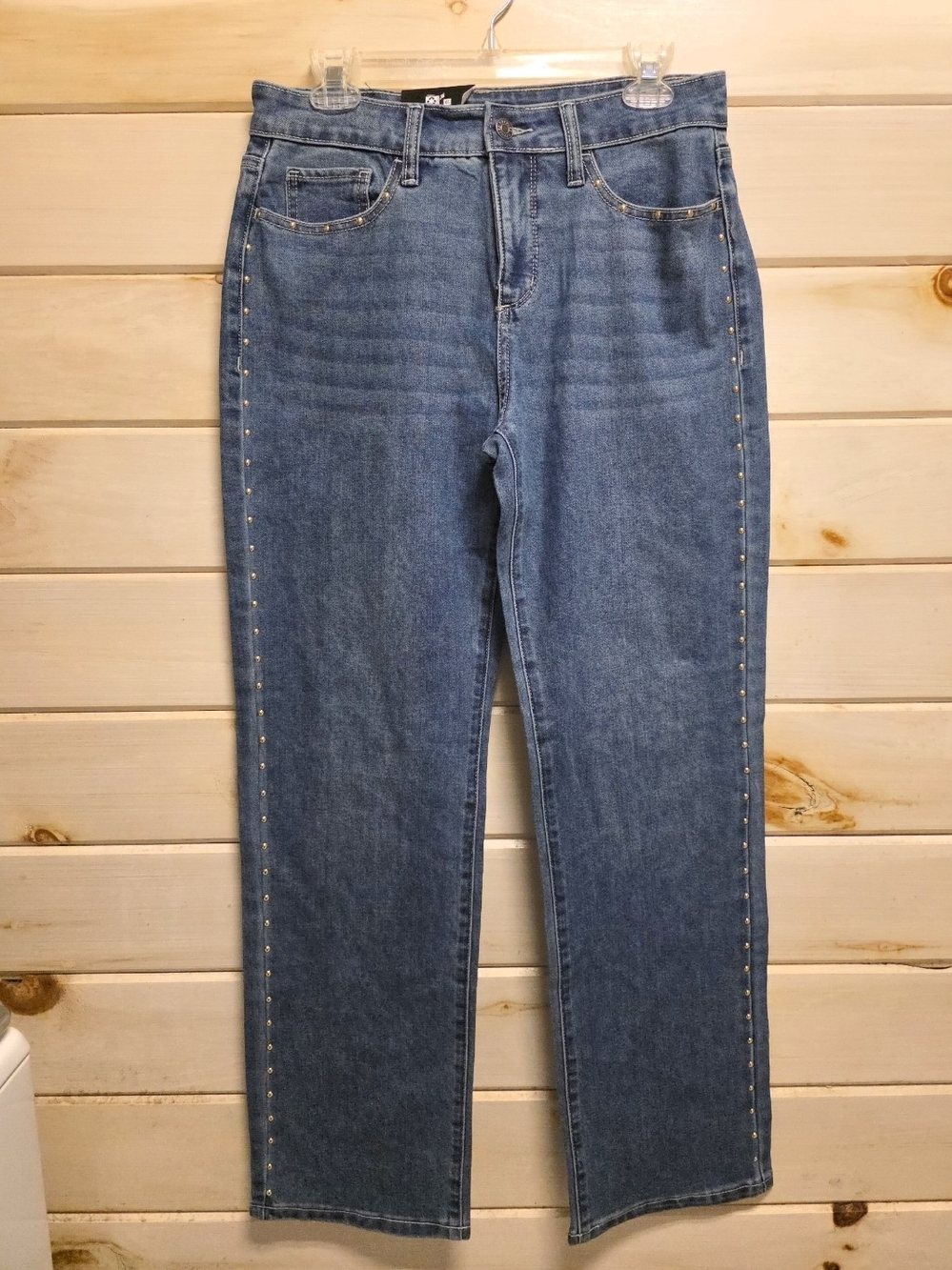Size 4 Express Women's Straight-Leg Jeans in Medium Blue with Stud Trim
